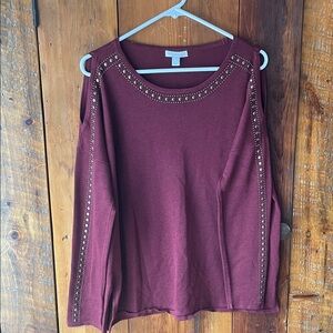 Westport Burgundy Cold-Shoulder Studded Sweater